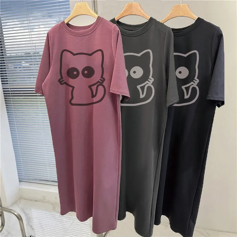 Cartoon cat print short-sleeved women's new summer and autumn loose round neck home dress - Image 6