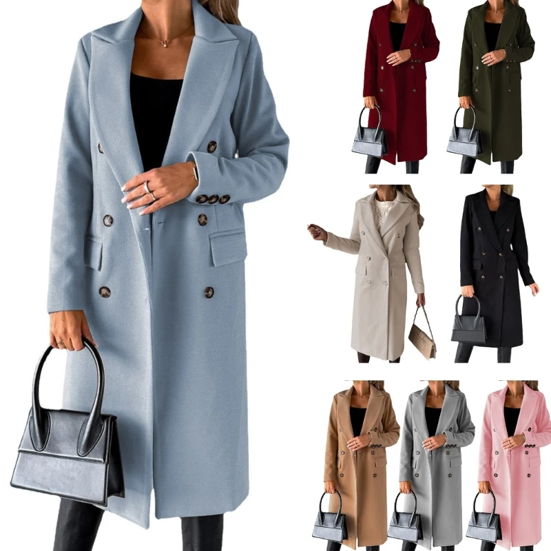 Women Wool Blend Overcoat Jackets Long Sleeve Double Breasted Jackets Coat with Pocket Warm Winter Trench Coat Outerwear