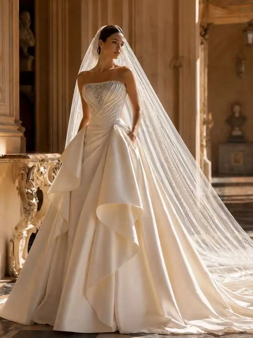A Line Wedding Dress Customized Strapless Sweetheart Satin Bridal Gown Asymmetrical Ruffle Skirt Amanda Novias Official Robe