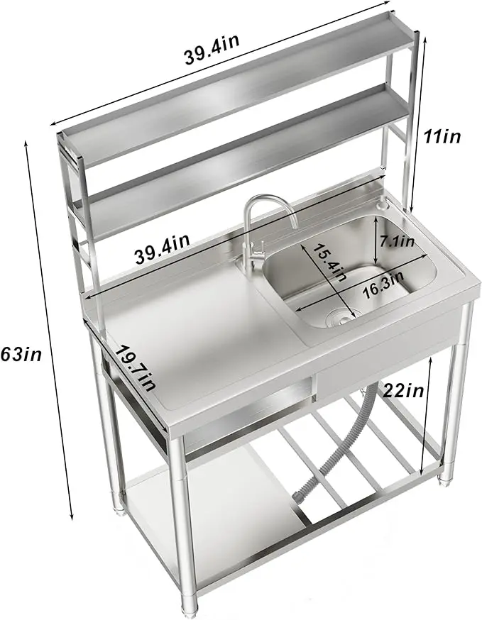 gm-Stainless Steel Sink Workbench with 2 Layers and Sinks Commercial Kitchen Work Table