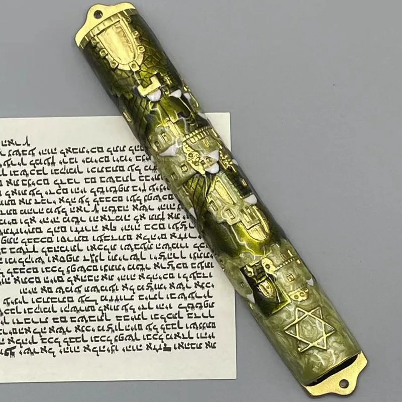 Hand Painted Mezuzah, Exquisite Enamel Mezuzah with Star of David and Jerusalem Motifs Home Decor
