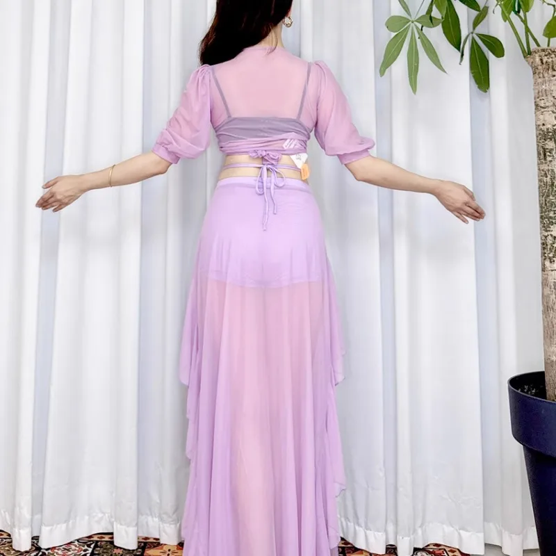 Customized Swegal Belly Dance Costume Mesh Lantern Sleeve Top Lace Double Slit Long Skirt Novice Cheap Indian Clothes Women Suit