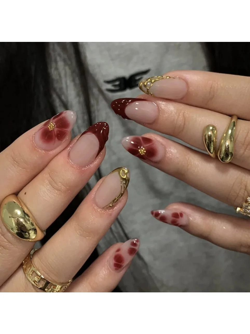 24 pièces français amande presse sur ongles motif de fleur faux ongles portable à coller faux ongles Uñas Postizas Наклад Ногти