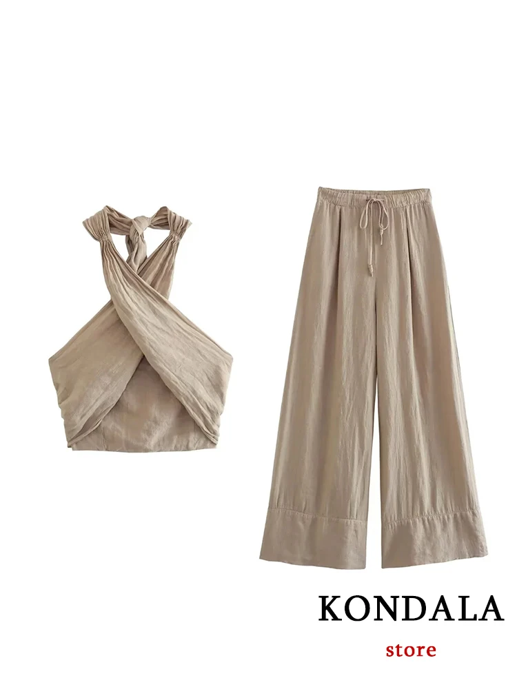 KONDALA Streetwear Khaki Linen Suits Women Sleeveless Halter Sexy Crop Tops Women+High Waist Wide Leg Pants Fashion 2023 Sets