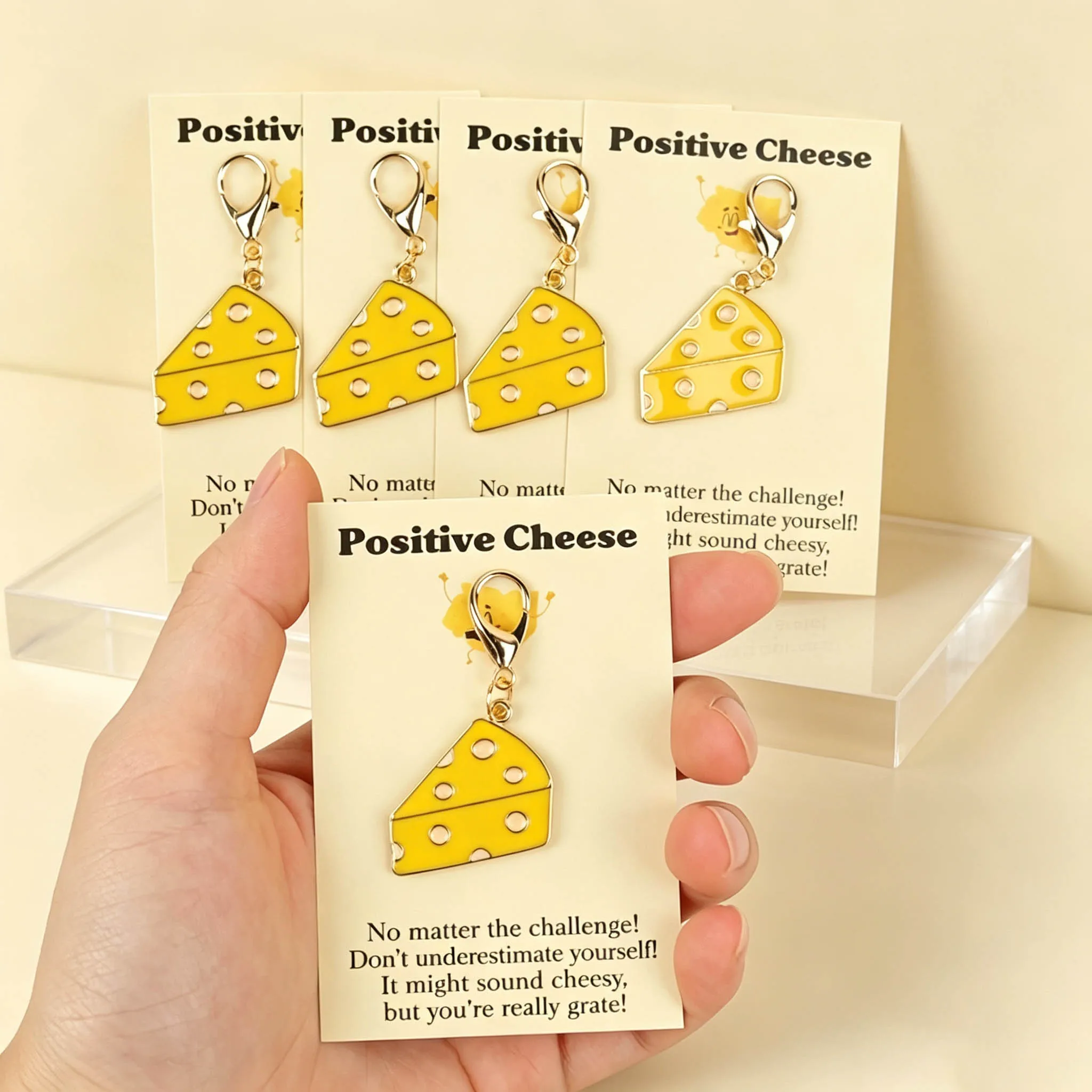 5 Positive Cheese-Themed Keychains, with Accompanying Encouraging Cards, Perfect as Gifts for Friends and Classmates, Decorative Bag Charms, Birthday and Party Gifts, the Perfect Gift for Cheese