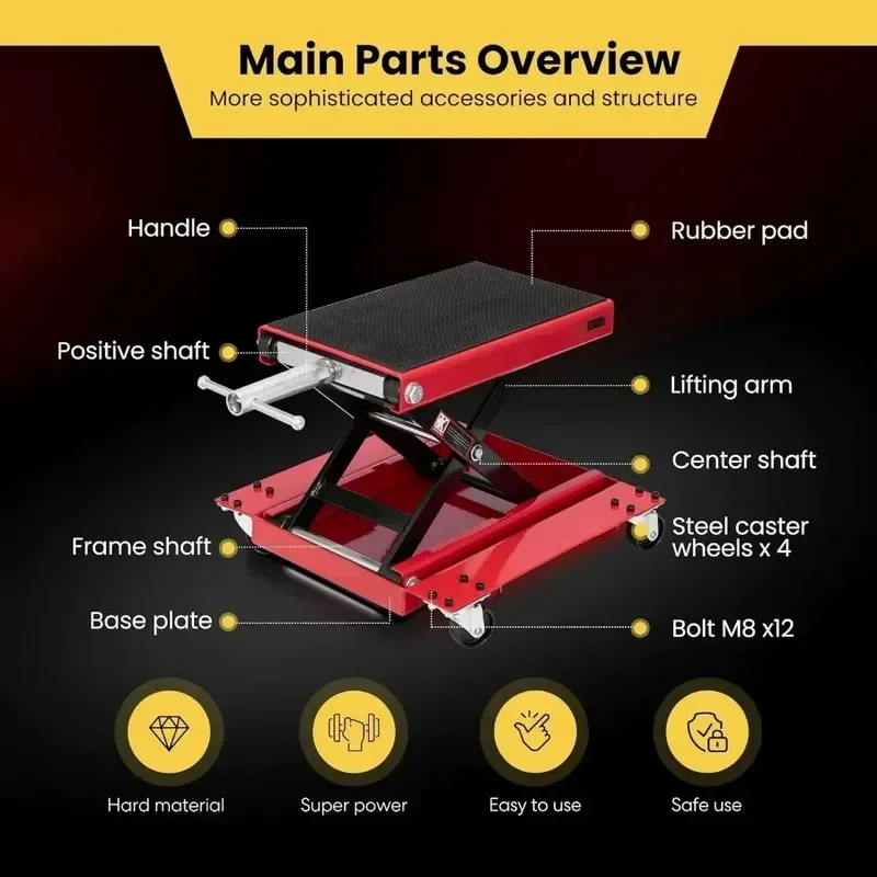 Heavy Duty Steel Motorcycle Center Lift Stand 500kg Capacity Low Profile Design Easy Storage Garage Tool for Bike Maintenance