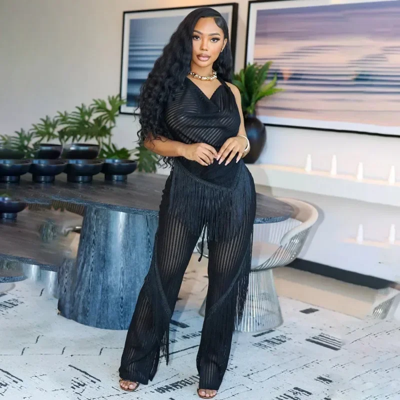 

GUWU модный женский комплект с лямкой на шее и кисточками, эластичный топ без рукавов + длинные брюки для фитнеса, летний комплект из двух предметов, спортивный костюм