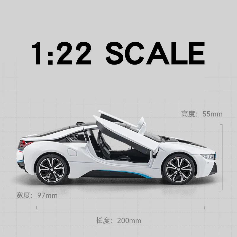 1:22 I8 Simulation Alloy Car Model Diecast Ornament Sound Light Pull Back Function Collection Boys Toys Gifts For Kids