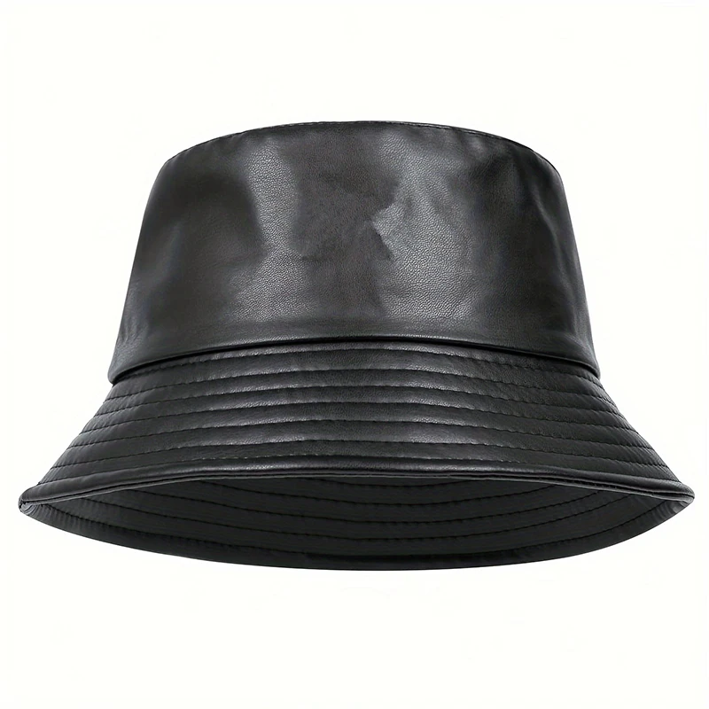 Unisex Solid color Label Personality Pu Leather Bucket Hats Fishermen Caps Outdoor Casual Cap Sunscreen Hat