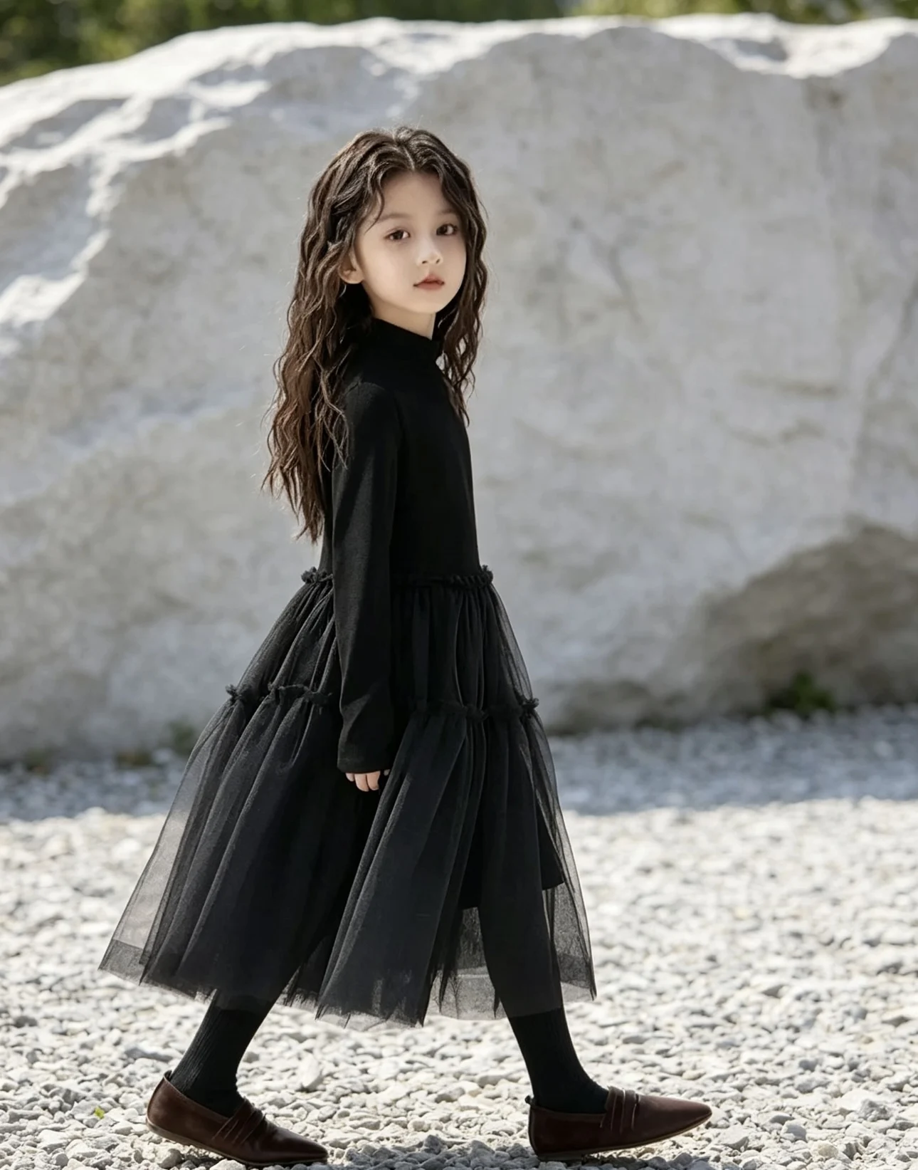 Dress Autumn and Spring New Girls with Long Sleeves Round Neck Loose Mesh Solid Color Kids Cake Dress