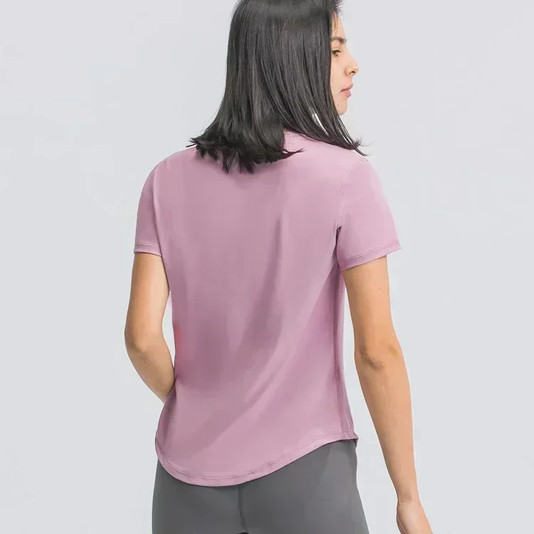 Lemon-T-shirt de yoga respirant à manches courtes pour femme, ourlet incurvé, décontracté, élastique, séchage rapide, fitness, course à pied, vêtements de sport