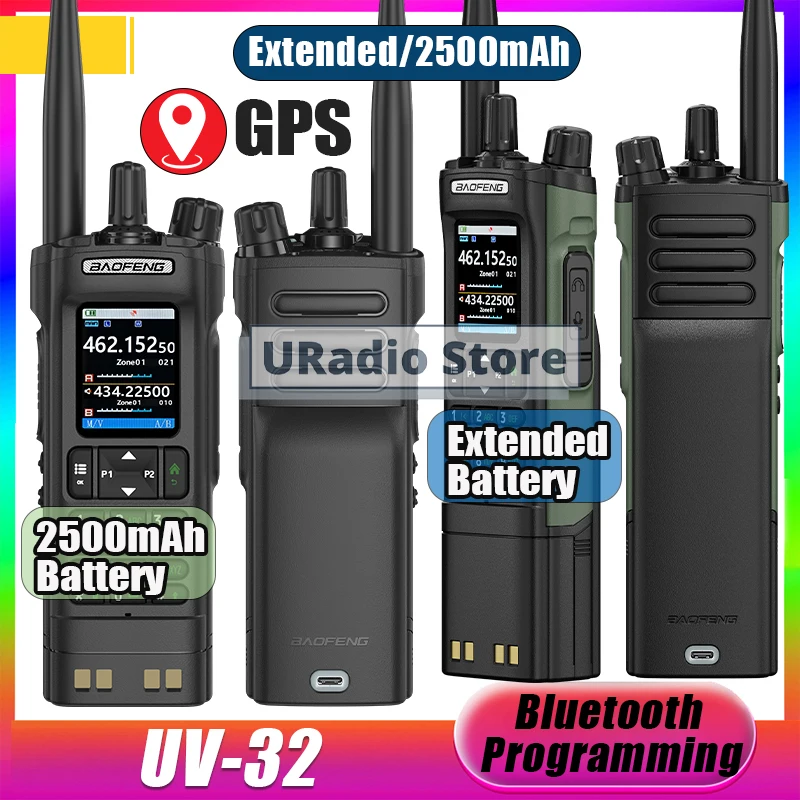 Baofeng UV-32 Walkie Talkie Extended/2500mAh High Capacity Battery Bluetooth APP Programming GPS 1-10km Long Range Portable Ham