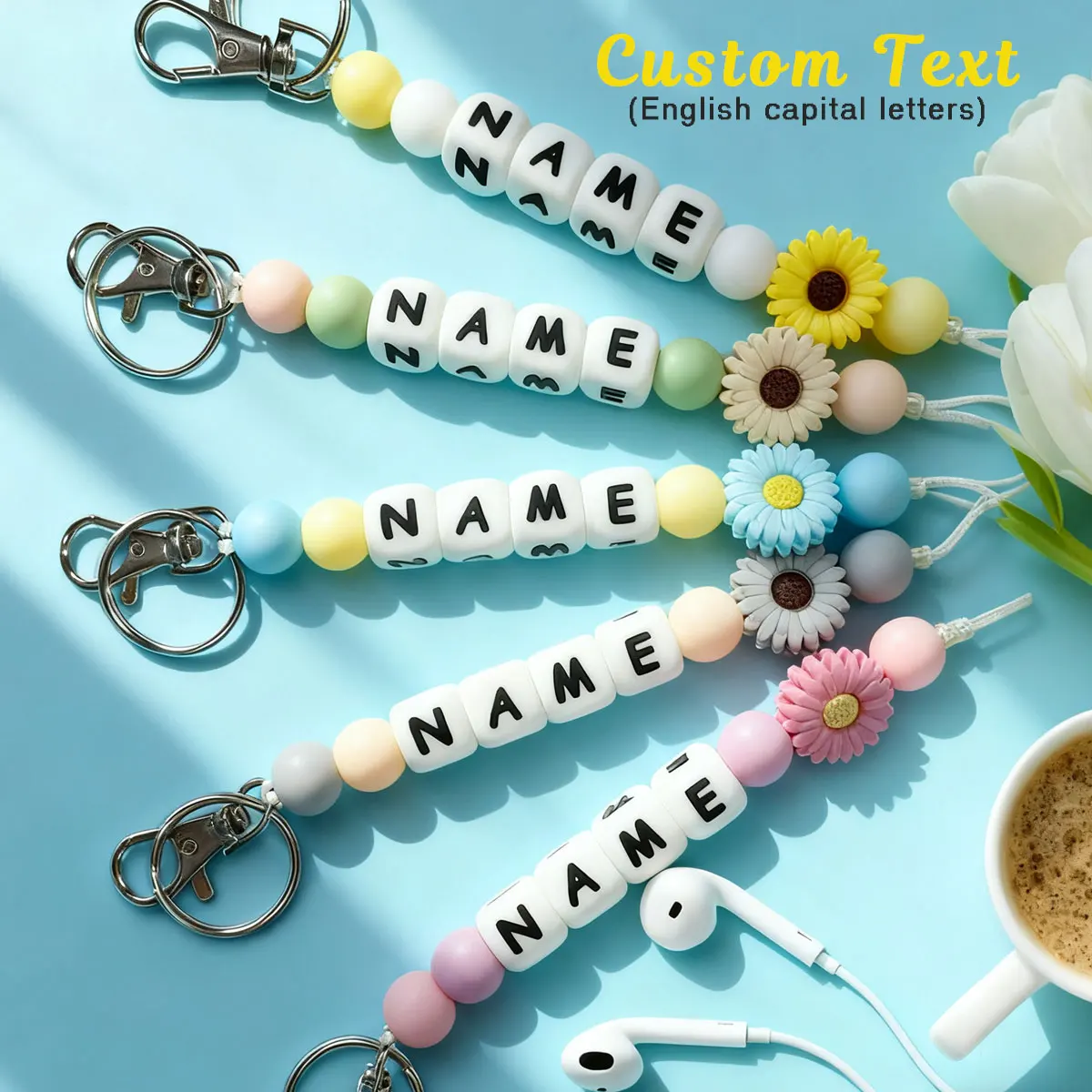 1 Personalized Custom Daisy Silicone Keychain, Beaded Keychain, Bag/Cup Charm, Name Tag Keychain, Christmas Gift