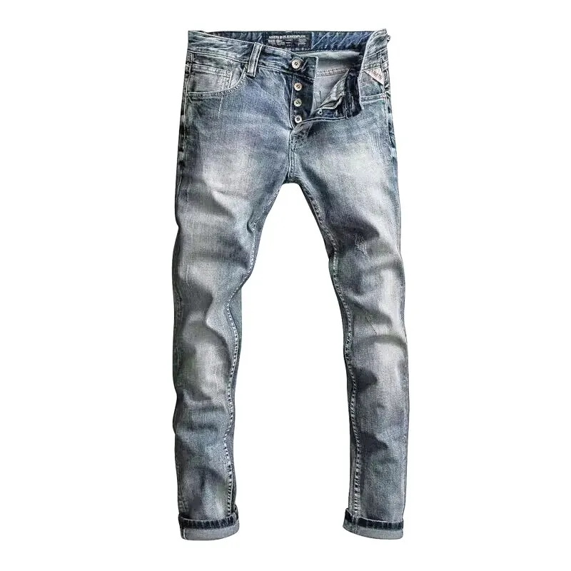 Fashion Designer Men Jeans High Quality Retro Light Blue Stretch Slim Fit Ripped Jeans Men Buttons Fly Vintage Denim Pants Homme