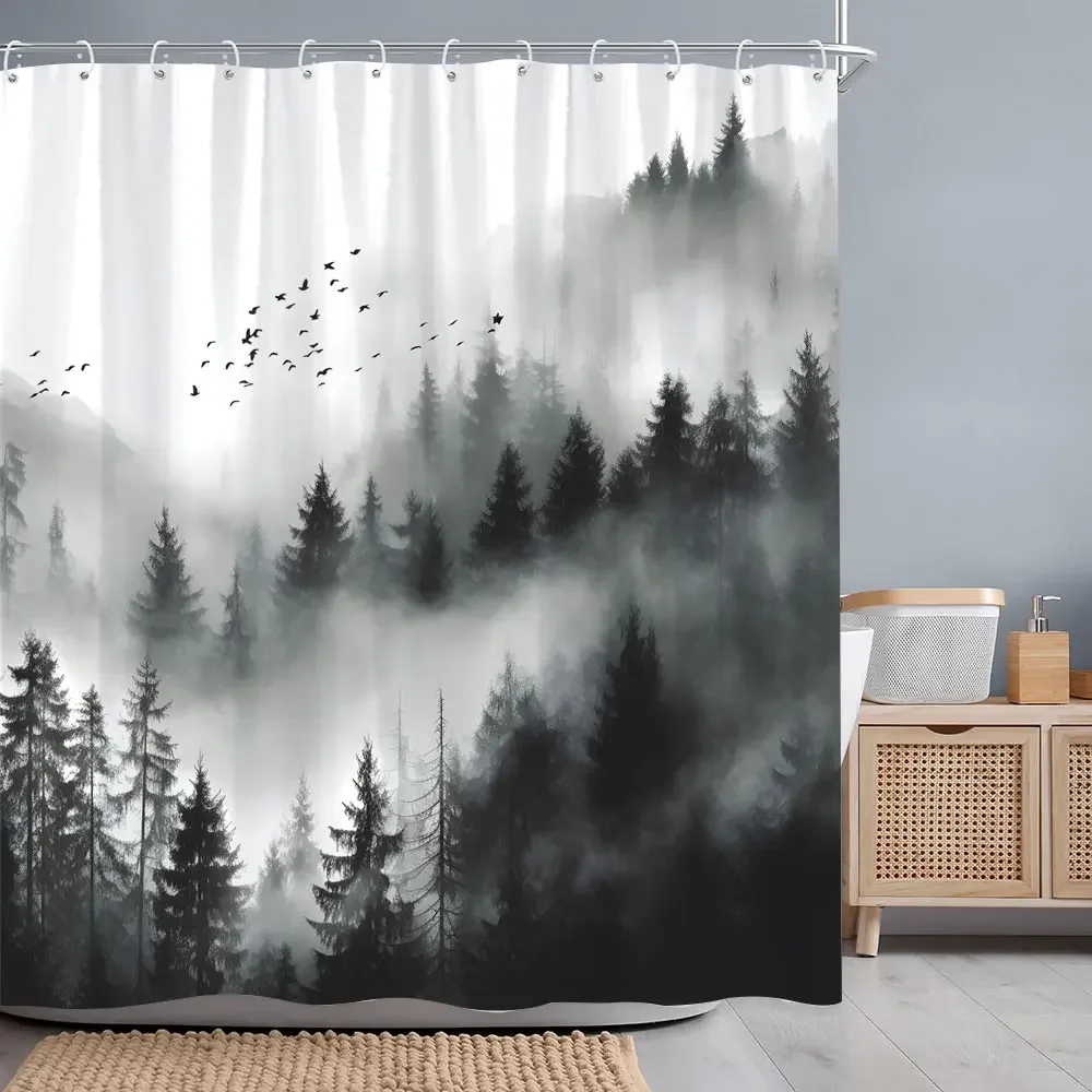 Misty Forest Shower Curtain Woods Birds Watercolour Art Creative Polyester Fabric Shower Curtains Bathroom Decoration With Hooks