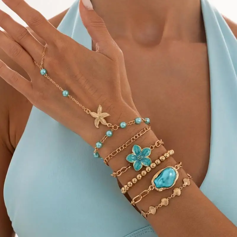 R7UF Connected Hand Jewelry Bracelet with Wrist Chain and Finger Loop Design