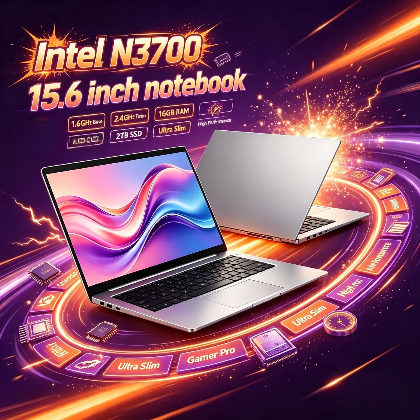 Intel N3700 15.6 Inch Laptop 4C 4T 1.6GHz Base 2.4GHz Turbo 16GB RAM 2TB SSD Slim Ultra Notebook Gamer Pro High Performance
