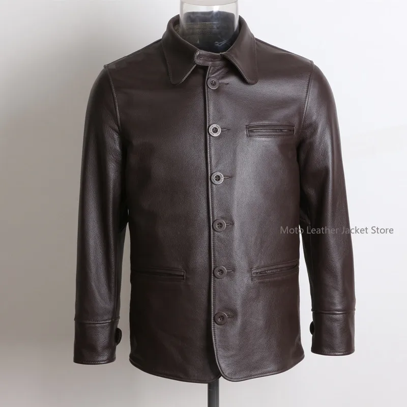 Chaquetas de Cuero Genuino para Hombre, Ropa de Otoño, Abrigos de Piel de Vaca, Dos Colores, Estilo Solapa, Corte Ajustado, Chamarras para Hombre