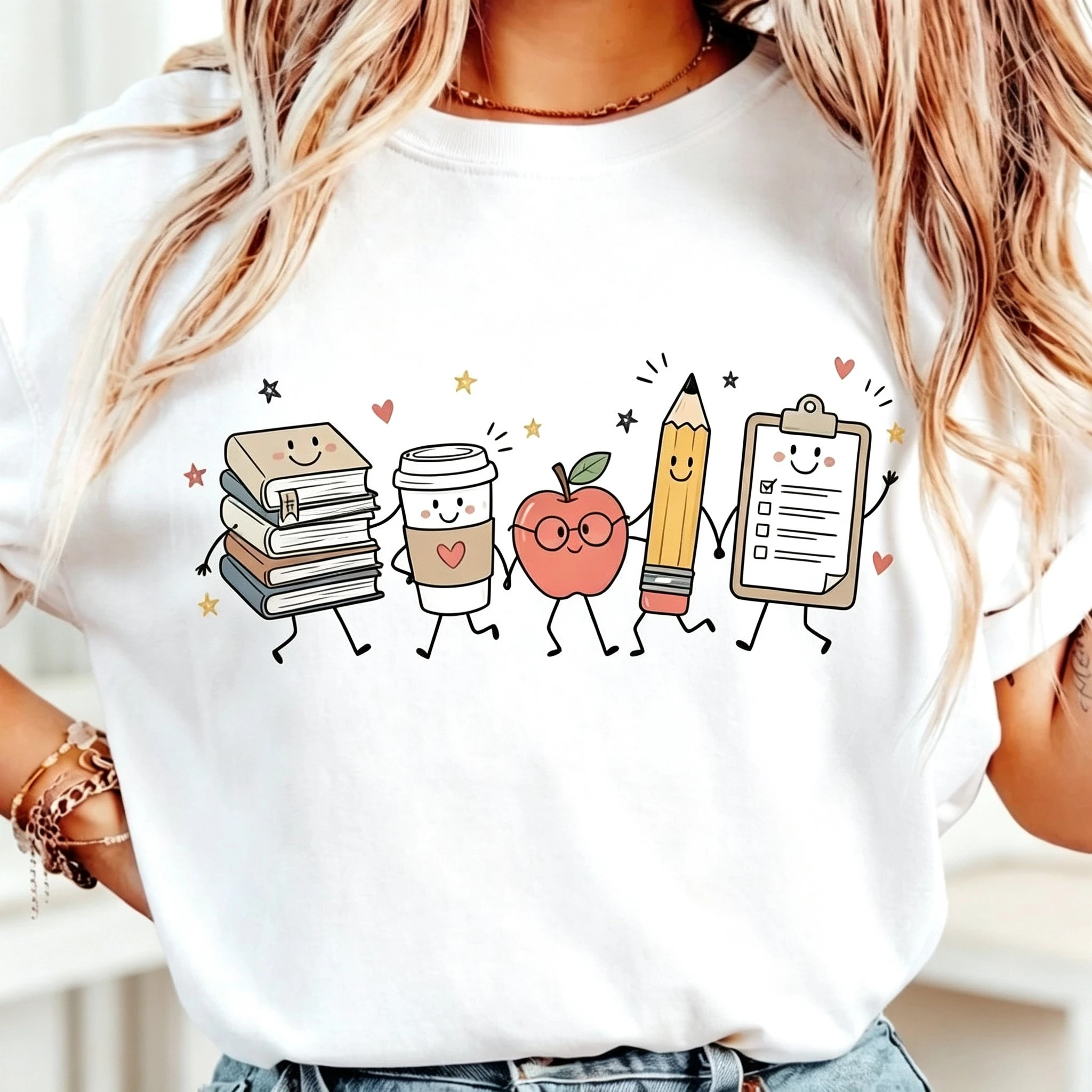 Womens Graphic Tshirt School Supplies Doodle Design Creative Learning Theme Casual Streetwear Top Cute Daily Fashion Style