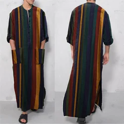 Men Sleep Robes Pocket Loose Long Sleeve Vintage Stripe One-piece Pajamas Casual Buttons Nightgown Mens Robe Sleepwear Nightwear