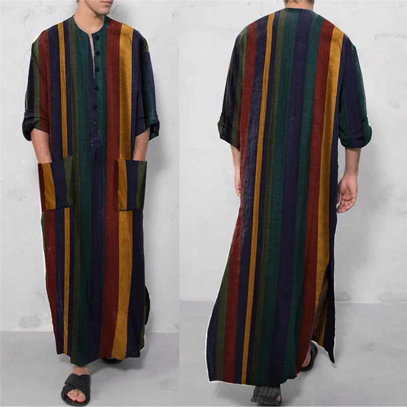 Men Sleep Robes Pocket Loose Long Sleeve Vintage Stripe One-piece Pajamas Casual Buttons Nightgown Mens Robe Sleepwear Nightwear