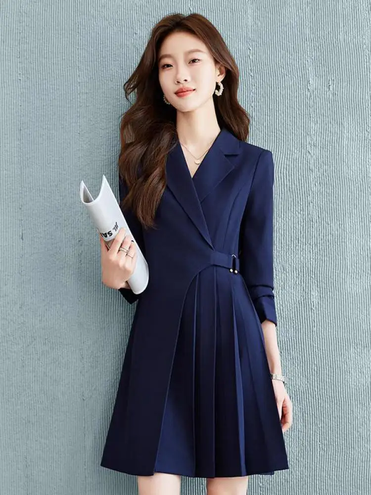 

Retro Solid Elegant Festival Pleated Mini Blazer Dresses Women 2024 Spring Autumn Temperament Office Ladies Short Dress Fashion