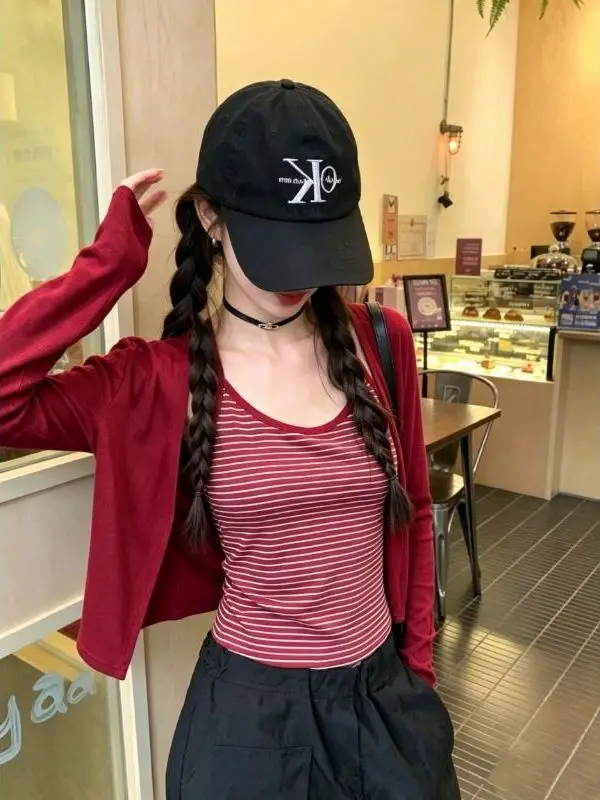 Korean Style Fashionable Striped Tube Top Vest Long Sleeve Cover up Two Piece Set Women's Early Autumn New Arrival