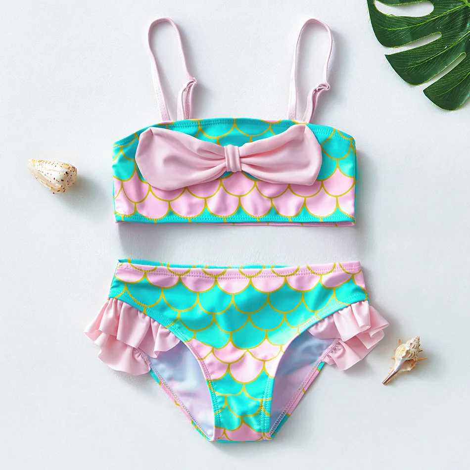 Summer Baby Clothing Two Piece Top + Bottom Swimwear for Kids 3 4 5 6 8 10 Years Fish Scale Printed Girls Bikini Swimsuit Set