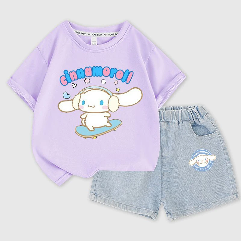 Sanrio Kawaii Anime Cinnamoroll Kids Set Cute Cartoon New Summer Casual Short Sleeve Denim Shorts Two-Piece Set Birthday Gift