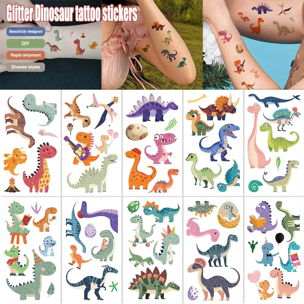 10 pçs/set glitter dinossauro tatuagem adesivo festa de aniversário suprimentos adesivos decorações melhores presentes para meninos e meninas