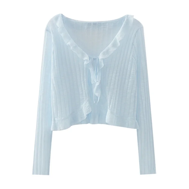 Ruffled Trim Tie Front Long Sleeve Crop Top Women Ribbed Knit Cardigan Sweater Shrug Top Summer Teen-girl Fairycore Outfit
