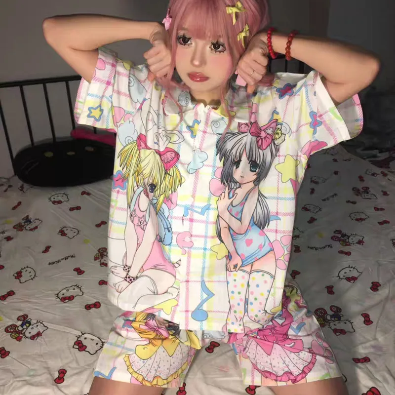 Sweet Soft Y2k Girl Fashion Anime Sleepwear Women\'s Summer New Cute Cartoon Thin Home Set Japanese Style Harajuku Kawaii Pajamas