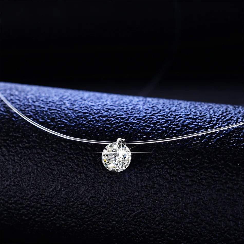 Tbestone 1ct Moissanite Diamond S925 Sterling Silver Invisible Transparent Fishing Line Clavicle Chain Necklace Women\'s Jewelry