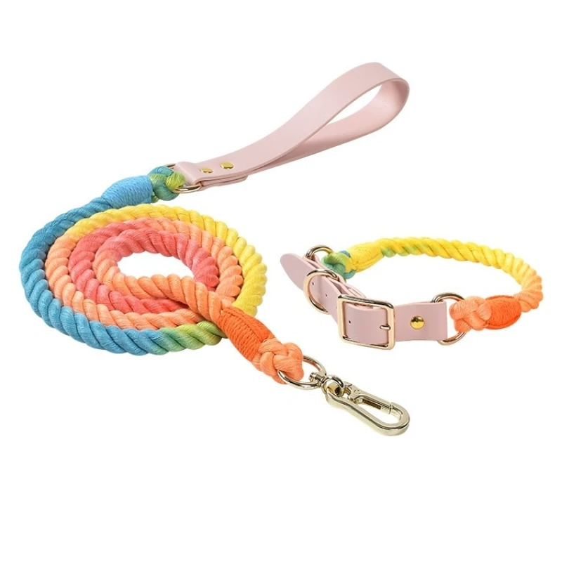 Pet Traction Rope Collar Set Handmade Braided Cotton Dog Leash Leather Collar For Medium Large Dog Walking Training Lead Rope