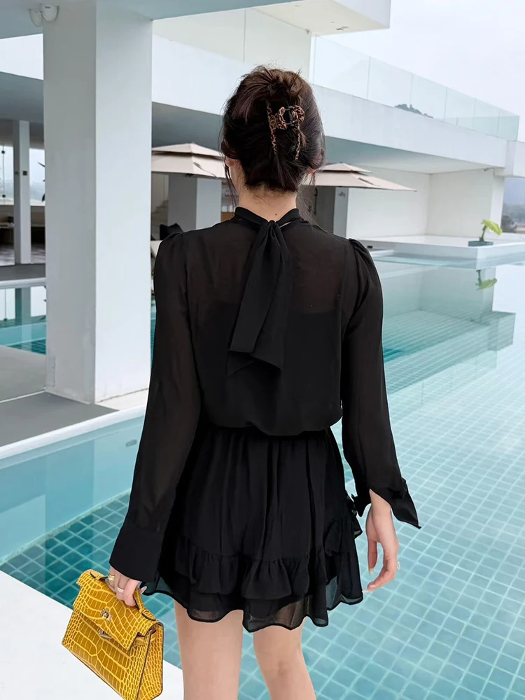 ReddaChic Chiffon Black Shirt Camisole Skirt Women Matching Set Going Out Ruffle MIni Skirt Sheer Tie Up Blouse Office Clothes
