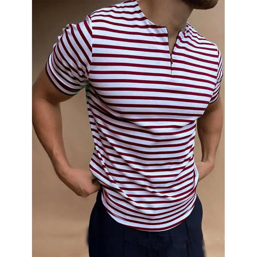 Men's Collarl ort Sve T-irt Slim Fit Polyester Blend Cool Feeling Casual Sle Striped Pattern Spring Summer  S...
