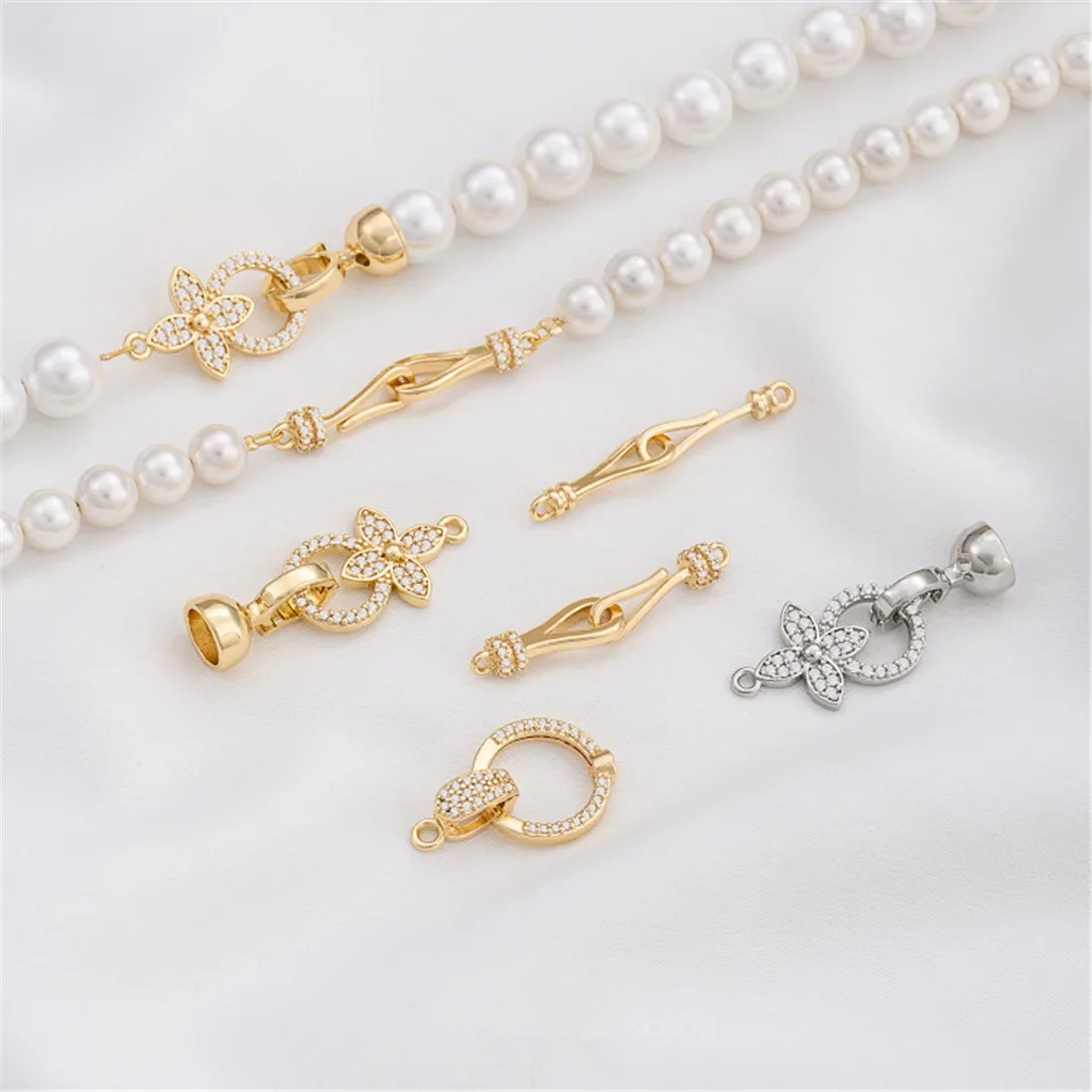 14K Gold-plated Zirconium Fish Hook Double Buckle Pearl Buckle DIY Necklace Bracelet Accessory Buckle Connection Buckle C003