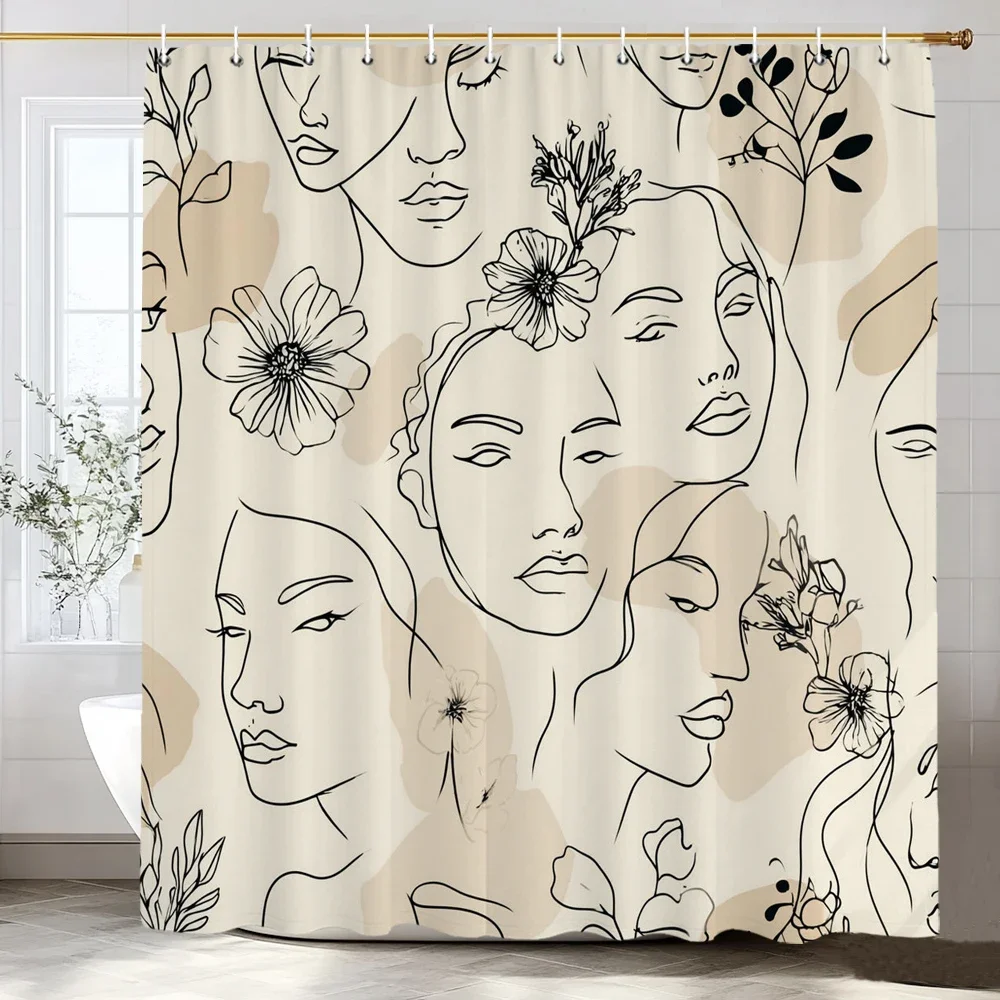 Modern Art Line Girl Pattern Shower Curtain, Bathroom Decorative Shower Curtain, Printed Fabric Shower Curtain with Hooks
