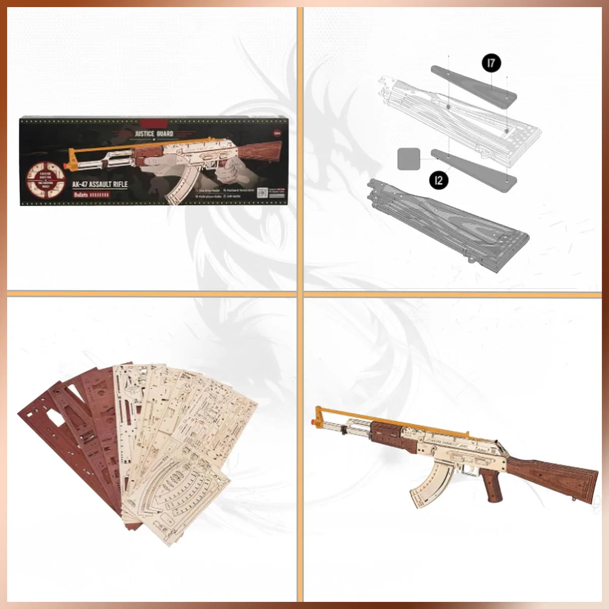 3D Puzzles de madeira para adultos, Brinquedos automáticos Rifle, Pode atirar bandas de borracha de madeira, Modelo tático, Montagem criativa, AK47