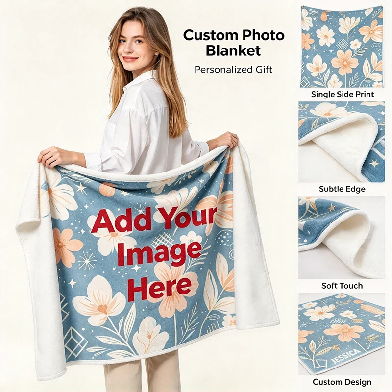 Custom Blanket Full Print Single-Sided Fleece Blanket, Customizable Picture Text Logo, Continuous Pattern Printed And Edged