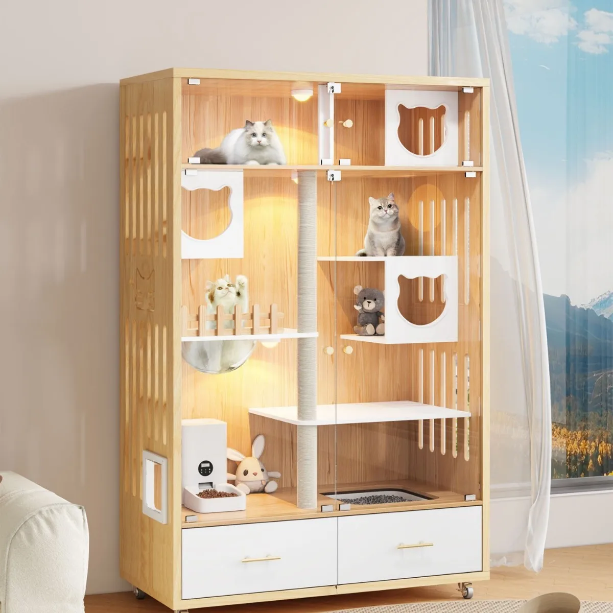 Cat villa indoor household solid wood cat house with toilet integrated litter box luxury wind cat house ct cage nest