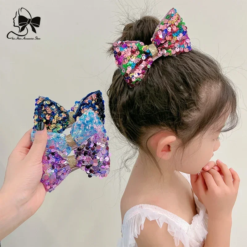 Children\'s Big Bow Sequins Clip Hair Accessories Girl Lovely Ear\'s Hairpin Temperament Clip Baby Headdress Wholesale