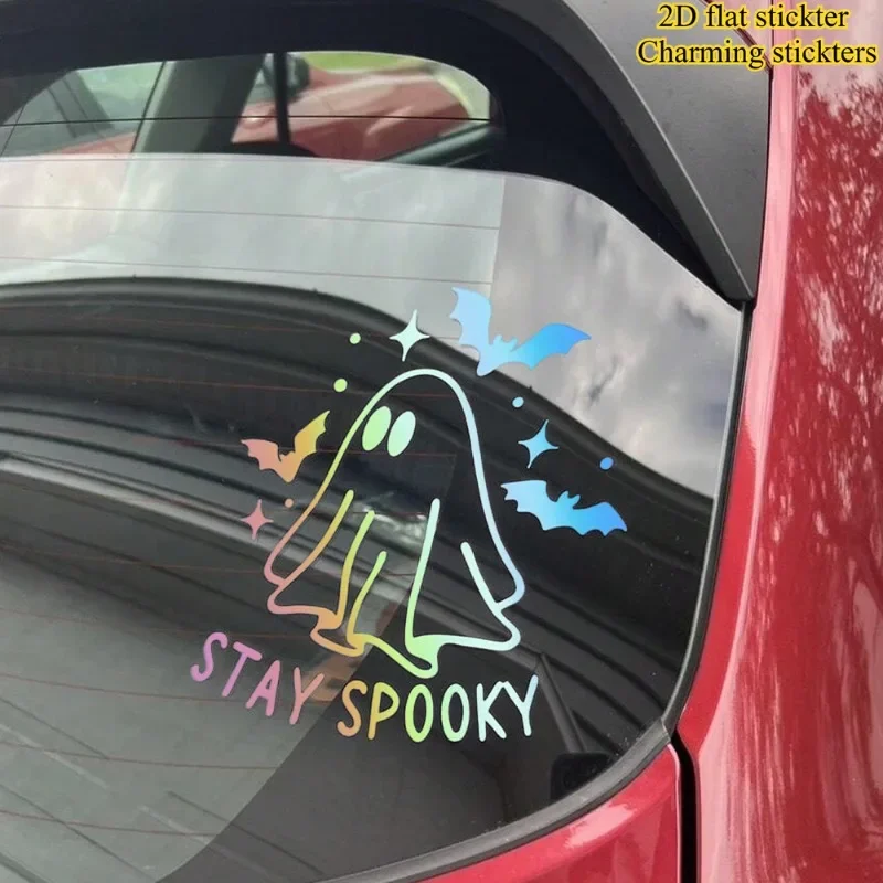 Stay Spooky Ghost Bat 2D Flat Vinyl Sticker, Spooky Halloween Decal for Car Rear Window Exterior Motorcycle Helmet Laptop Water