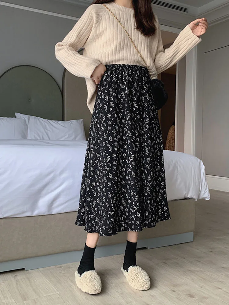 Vintage Floral Print A-line Pleated Long Skirts Summer Women 2022 Korean Skirt Streetwear Drawstring Elastic Waist Midi Skirt