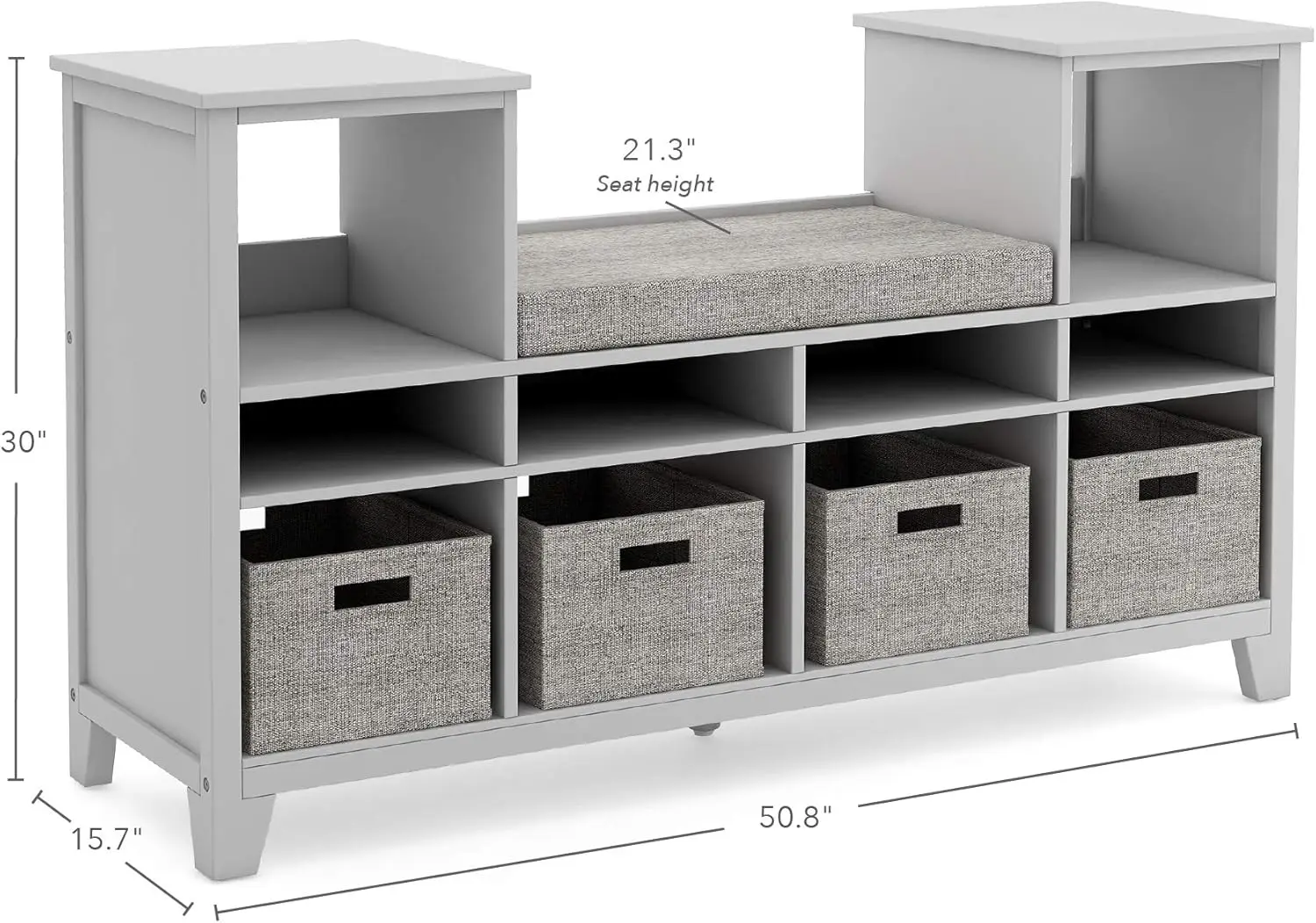 Stewart Kids' Reading Nook - Gray: Wooden Storage Bench Bookcase Organizer with Seat Cushion, Book Shelves, and Fabric Bins for