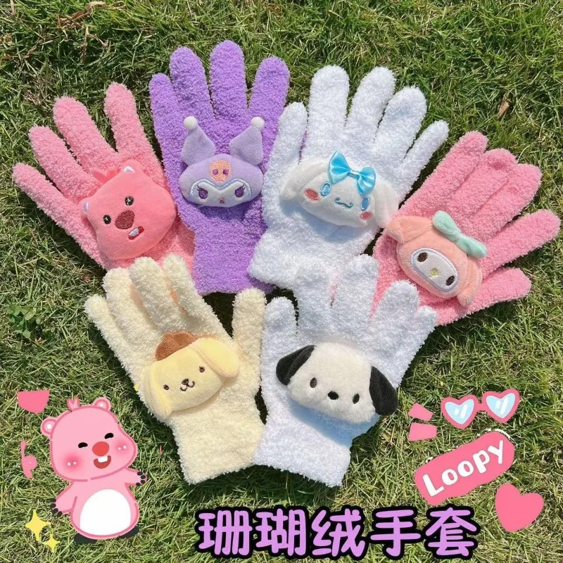 1pair Sanrio Hello Kitty Gloves Kawaii Loopy Touch Phone Screen Coral Velvet Warm Gloves Outdoor Riding Plush Cute Couple Gloves