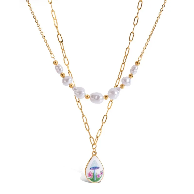 

Minar Kawail Mushroom Flowers Pendant Necklaces for Women Stainless Steel 18K Gold PVD Plated Irregular Imitation Pearl Chokers