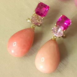 KQDANCE Natural Pink Quartz Stone Colored Jade Zircon Long Teardrop Earrings With 925 Silver Needle Gold Plated Jewelry Gifts