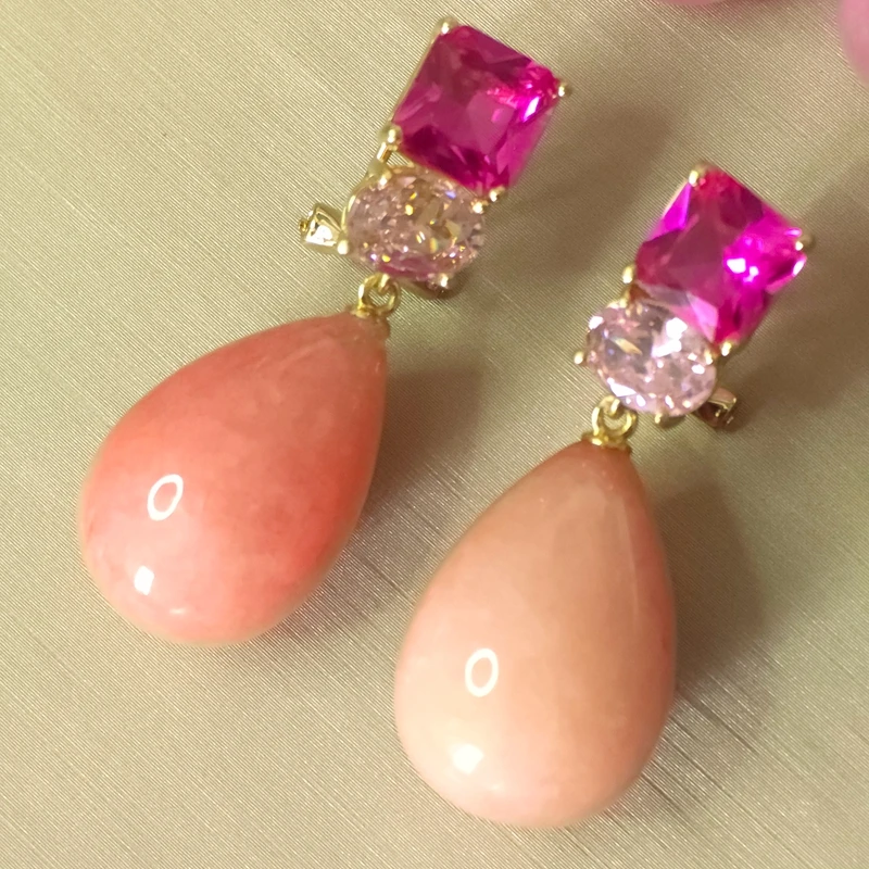 KQDANCE Natural Pink Quartz Stone Colored Jade Zircon Long Teardrop Earrings With 925 Silver Needle Gold Plated  Jewelry Gifts