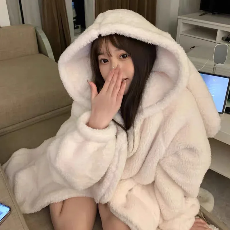 Cute Rabbit Long Ears Solid Hooded Pajama Robe Women Bathrobe Winter Girls Sweet Coral Fleece Sleepwear Plush Thick Nightgown